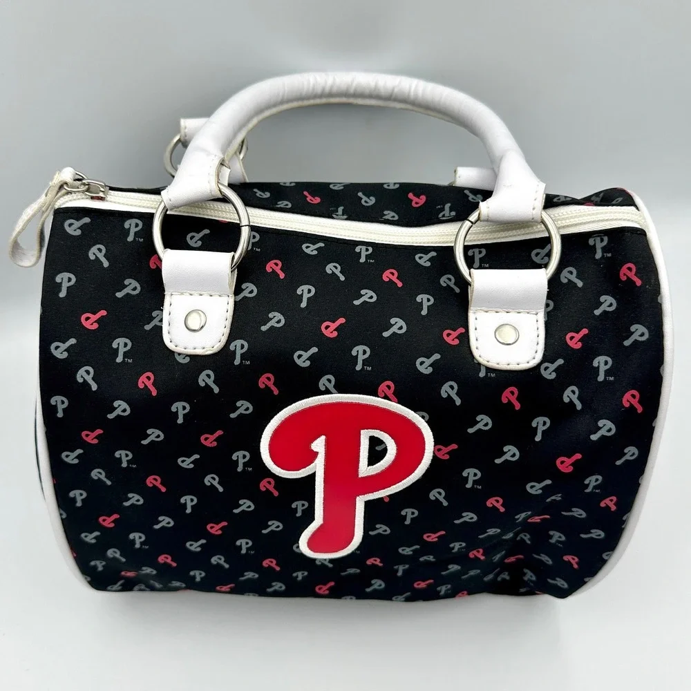 Philadelphia Phillies MLB Bowler Handbag Black Red White Logo Print Satchel Bag